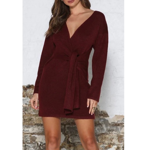 Entro Wrapped Tie Front Burgundy Sweater Dress - Picture 1 of 5